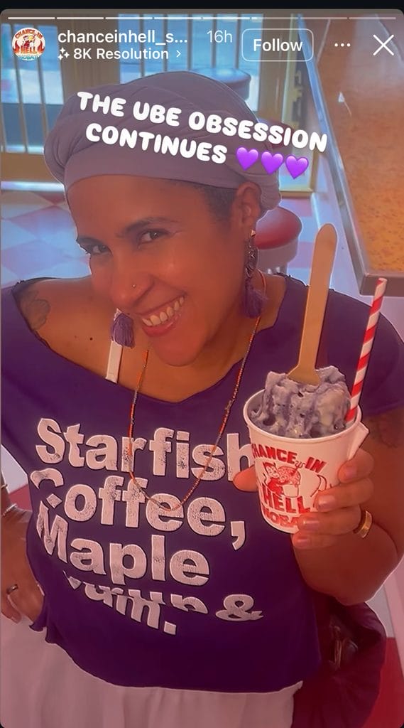 Me very happy with my ube snoball from Chance in Hell Snoballs in New Orleans